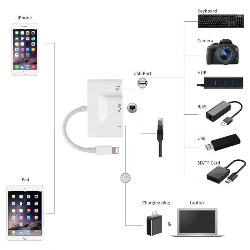 For iPhone/iPad Lightning To RJ45 Ethernet LAN 10/100Mbps Network Ethernet Adapter with Lightning 8Pin+USB Female Port