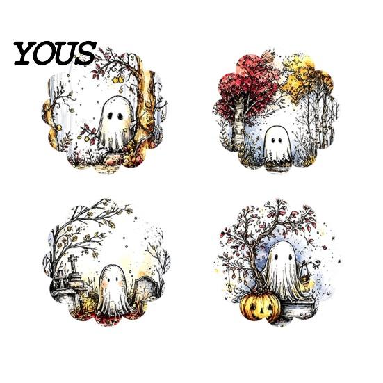 Halloween Wooden Coasters 4Pcs Coasters, Spooky Ghost Skull Design Drink 2D Heat-Resistant Practical Holiday Housewarming Gifts Round Mats for Coffee