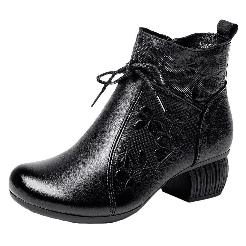 Retro Leather Single Boots for Women's Autumn and Winter New Medium Thick Heel Round Head Non-slip Martin Boots Embossed Warm Short Boots for Women