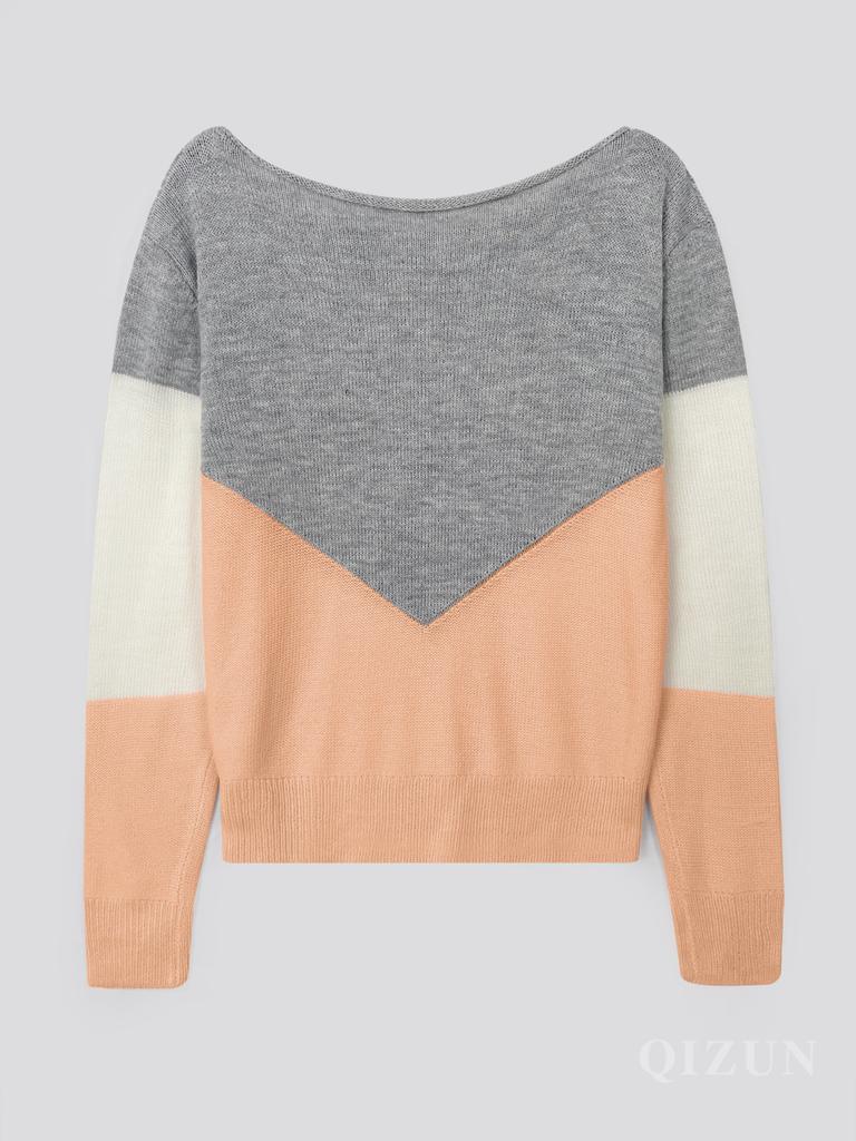 Fashion-forward Patchwork Colour-blocked Openwork -neck Long-sleeved Knit Base Layer Jumper