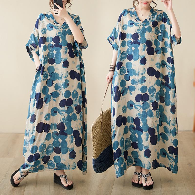 Retro Sukienka Plażowa z Dekoltem V i Luźnym Krojem - Lato 2024 Bawełna Len Narzutka Plus Size