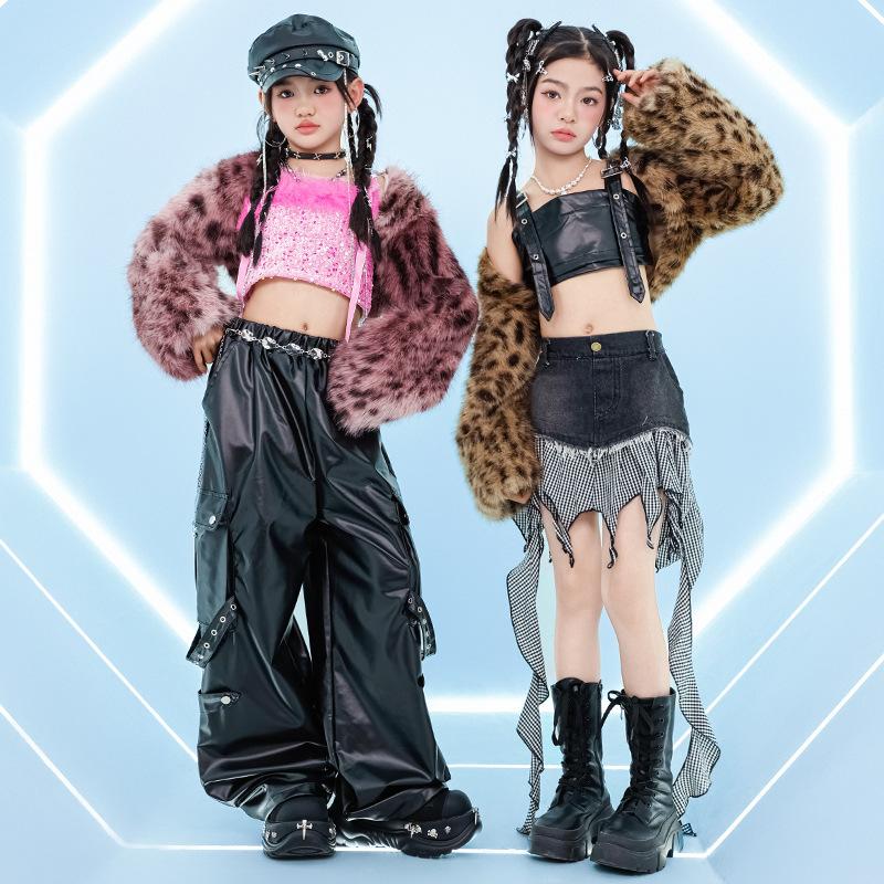 Dziewczęcy kostium do tańca jazzowego, jazz, cekiny, panterka, puszysta kurtka z długim rękawem i spodnie, kostium dla dzieci na street dance, pokaz mody