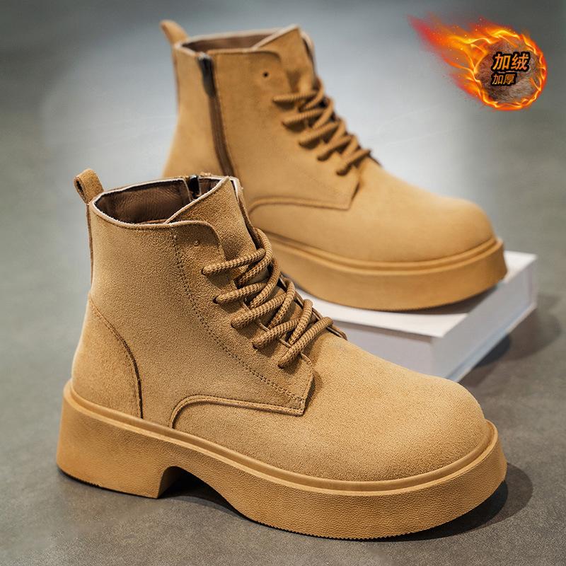Men's shoes, new fleece warm cotton shoes, high-top leather shoes, British style platform soles, anti-slip heightened Martin boots