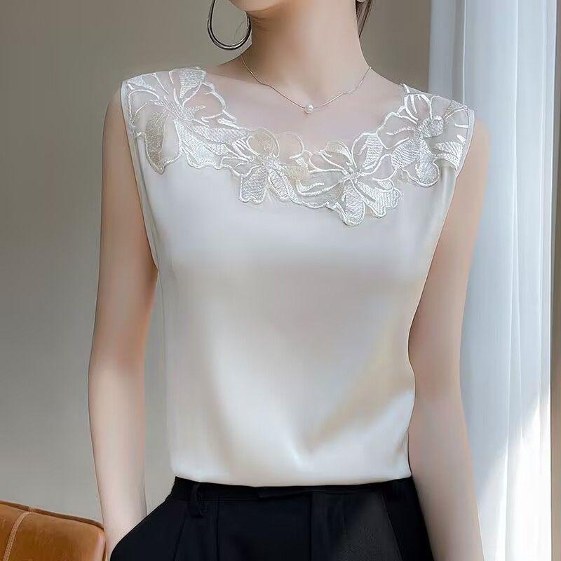 Silk Breathable Lace Camisole Loose Satin Suit Sleeveless Top Without Collar Splicing Vest