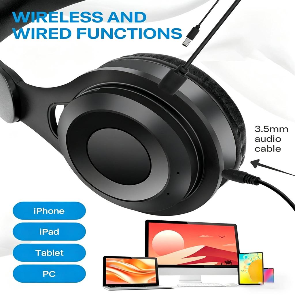 High Fidelity Bluetooth Wireless Headset Clear Stereo Sound Over Ear Headphones with Built-in HD Mic Stable Connection