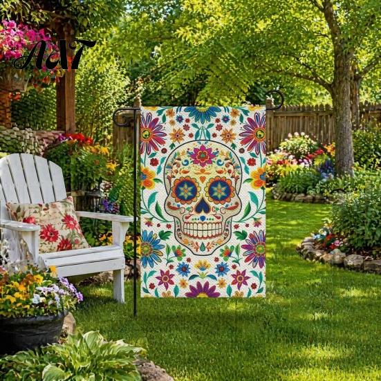 Bandiere da Giardino Giorno dei Morti, 12x18 Pollici Teschio Floreale Segni Decorativi per Cortile Scheletro Gotico Messicano Fiori Scheletrici Stendardo in Juta Double-Sided per Patio,