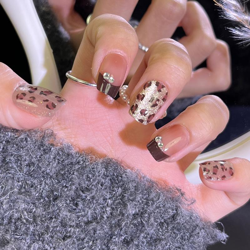 

Высококлассный леопардовый кошачий глаз французский маникюр типсы в золотисто-коричневом цвете для осени/зимы - тренд TikTok Wearable Nail Tips#30 pieces/box