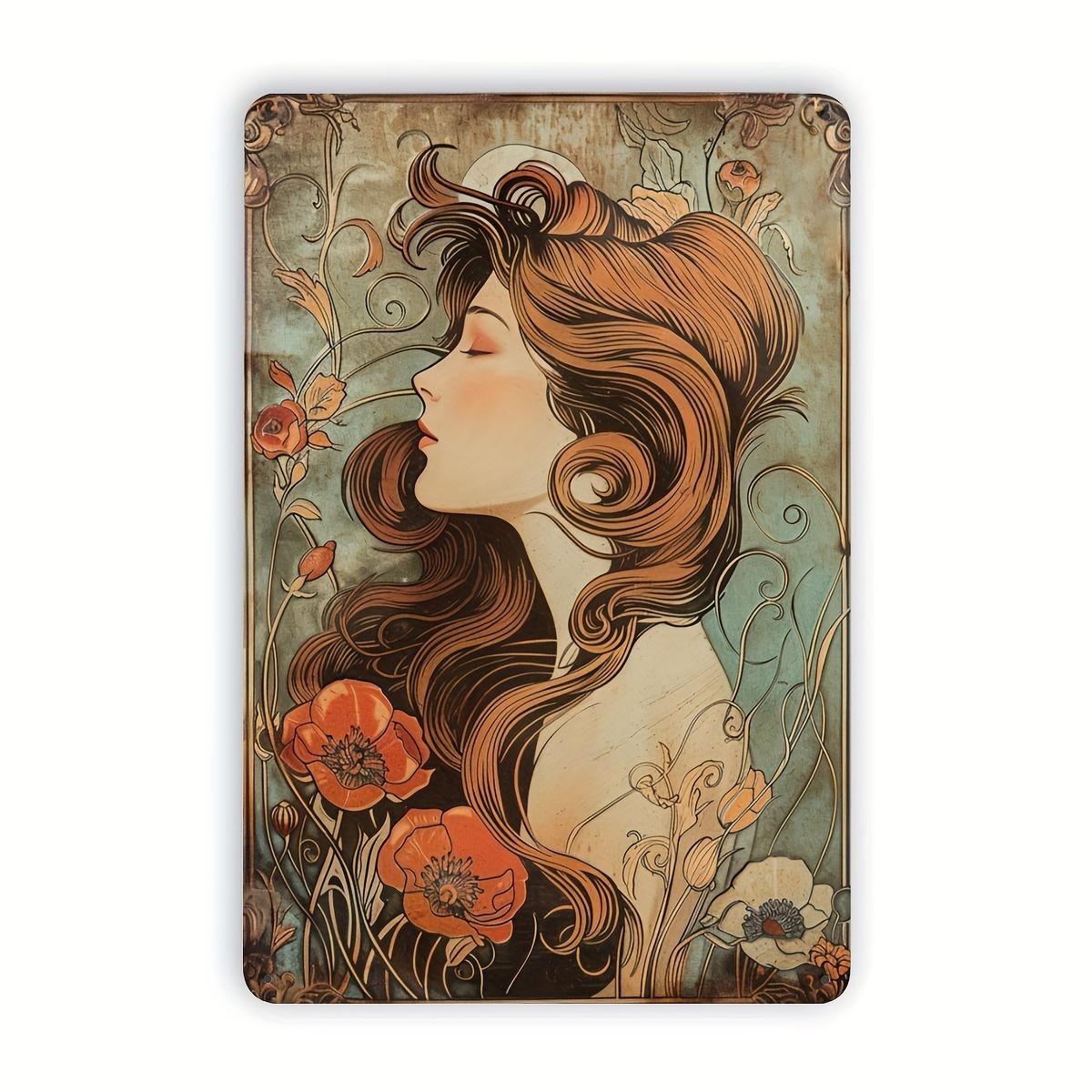 

Vintage Long-Haired Lady Metal Tin Sign, Art Nouveau Floral Design, Iron Foil Engraving Wall Decor, Ideal for Garden, Restaurant 20x30cm（7.8x11.8inch）