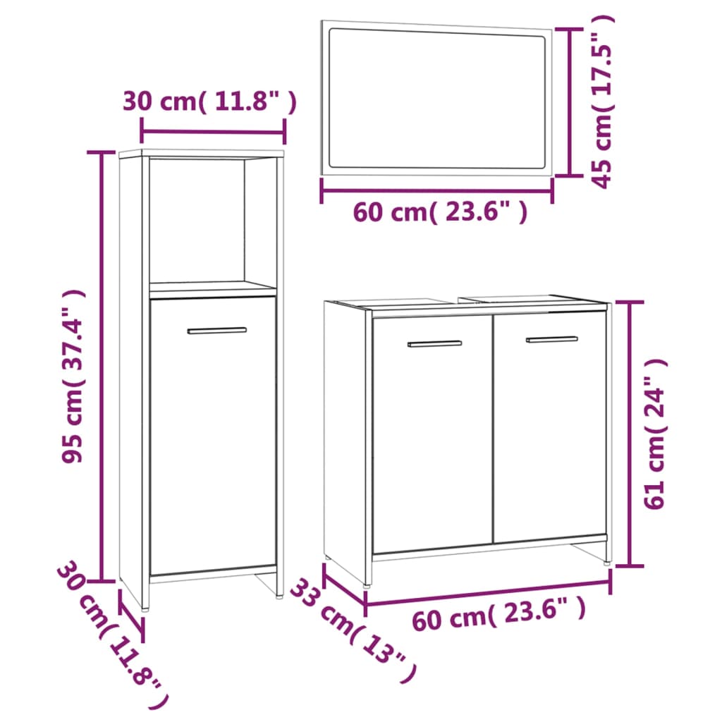 3 Piece Bathroom Furniture Set Grey Sonoma Particleboard