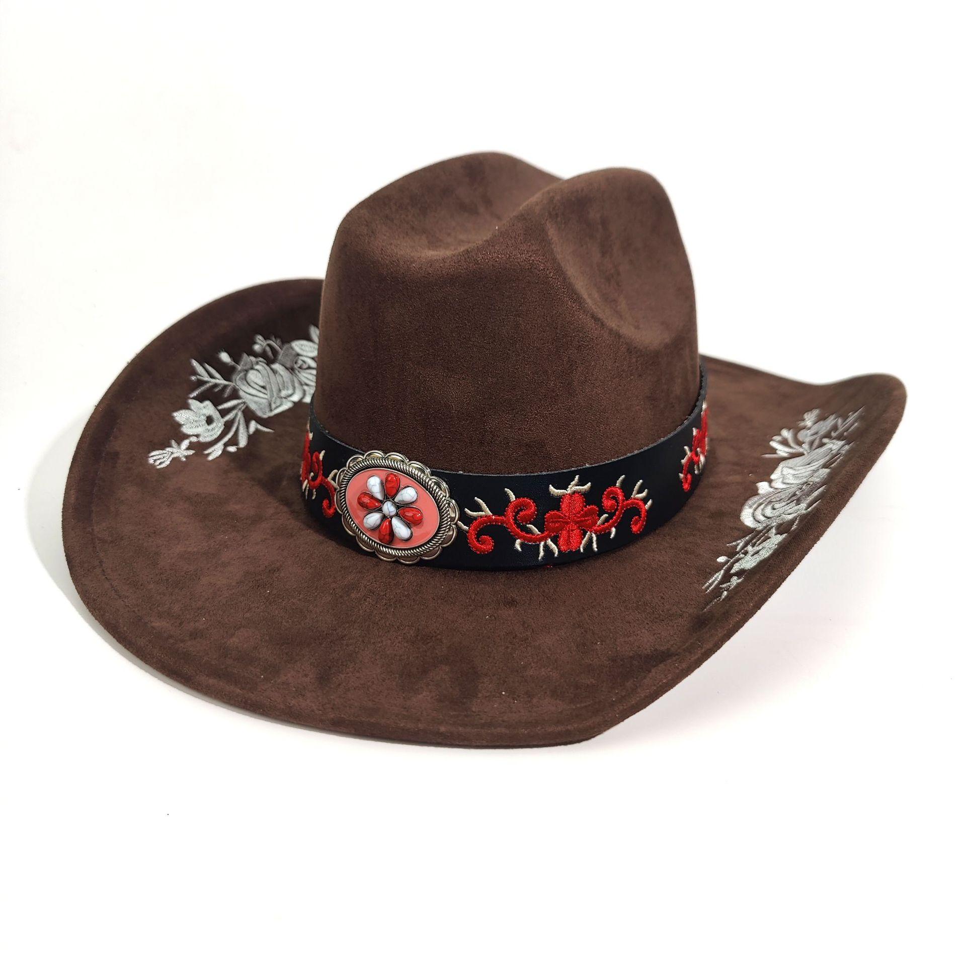 Charm Clothings Women's Black Vintage Suede Western Cowboy Hat Embroidery Ethnic Style Jazz Hat Men's And Top Hat 56-58Cm