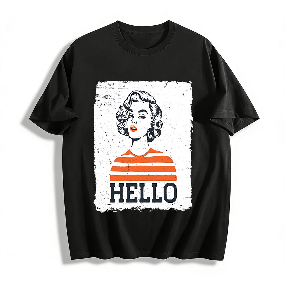Vintage Style HELLO Print Short Sleeve Women s Casual Crew Neck Top Pure cotton T-shirt XXS