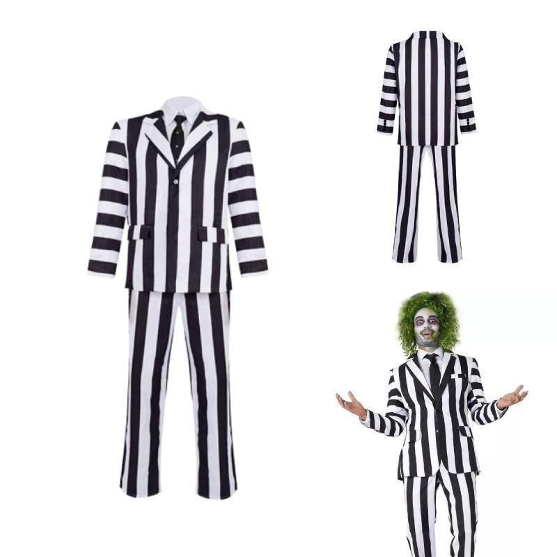 Costume Cosplay Beetlejuice Black And White Striped Suit Halloween Party Prop