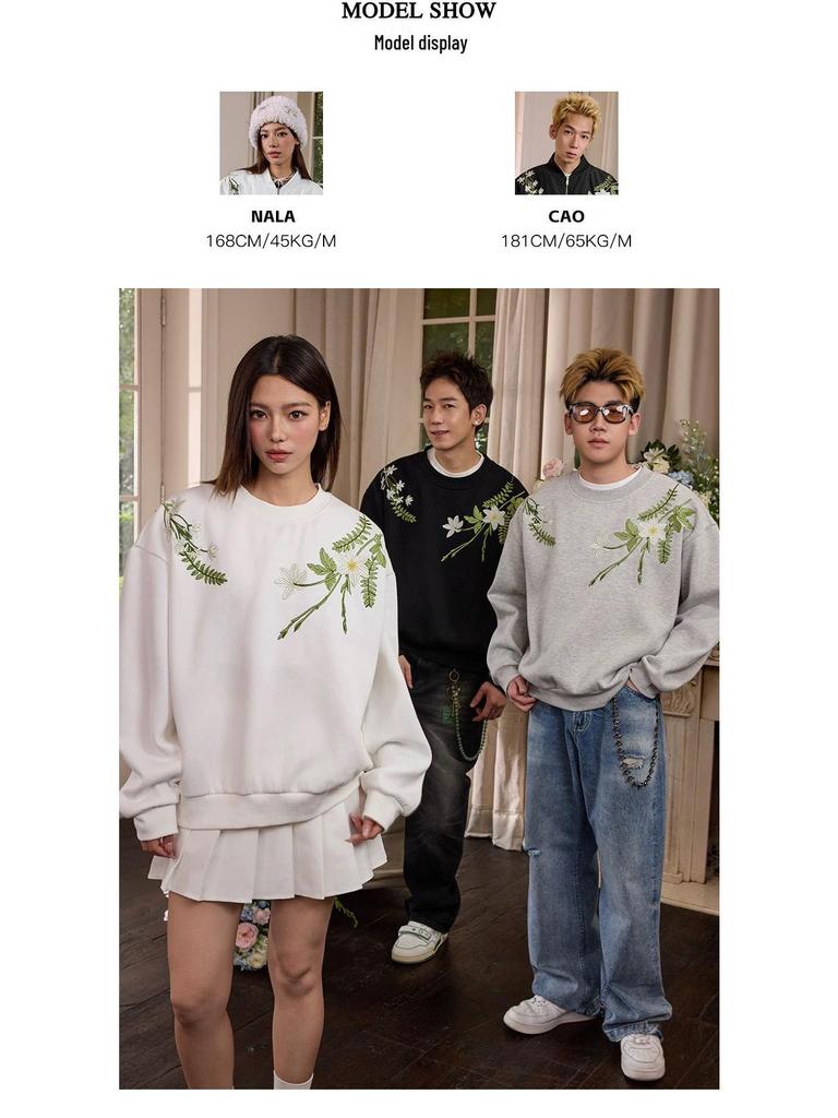 Guochao Men's Winter Velvet Embroidered Hoodie - New Chinese Style Harajuku Round Neck Top