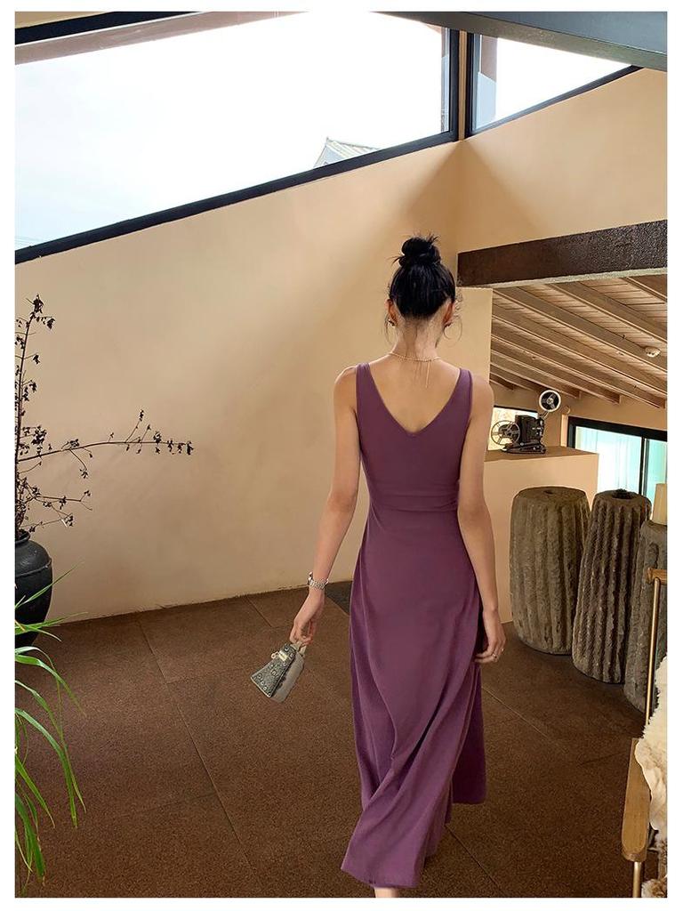 Dopamine Purple V-Neck Ice Silk Knitted Sleeveless Tank Dress for Women - Summer Vacation Style