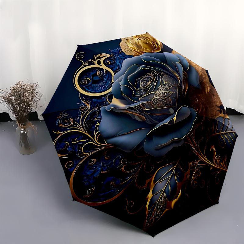 Elegant Blue Rose Decor Luxury Floral Painting for Home DecorationsUmbrella, Portable 3-Fold Compact Umbrella for Men & Women ES24
