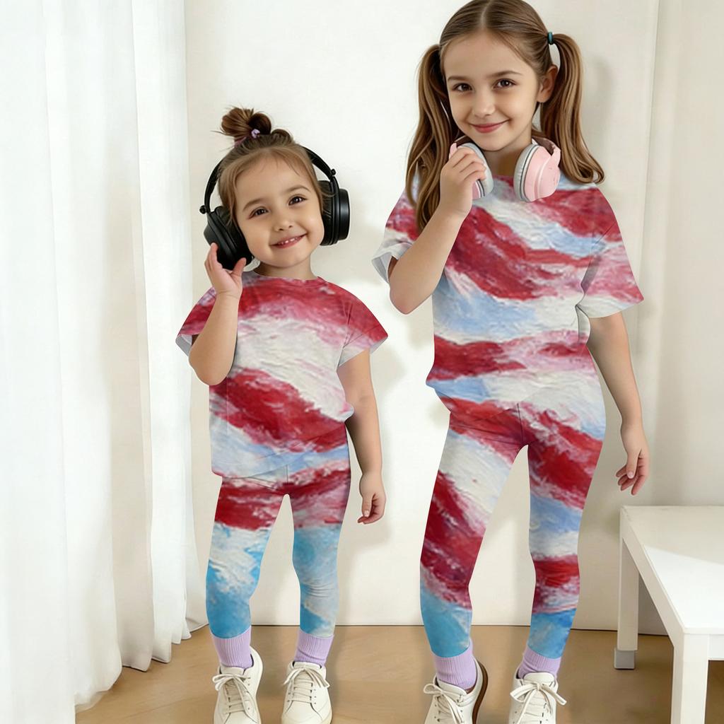 Boys And Girls Independence Day Print Set Kids Casual Short Sleeve Top And Long Pants Set