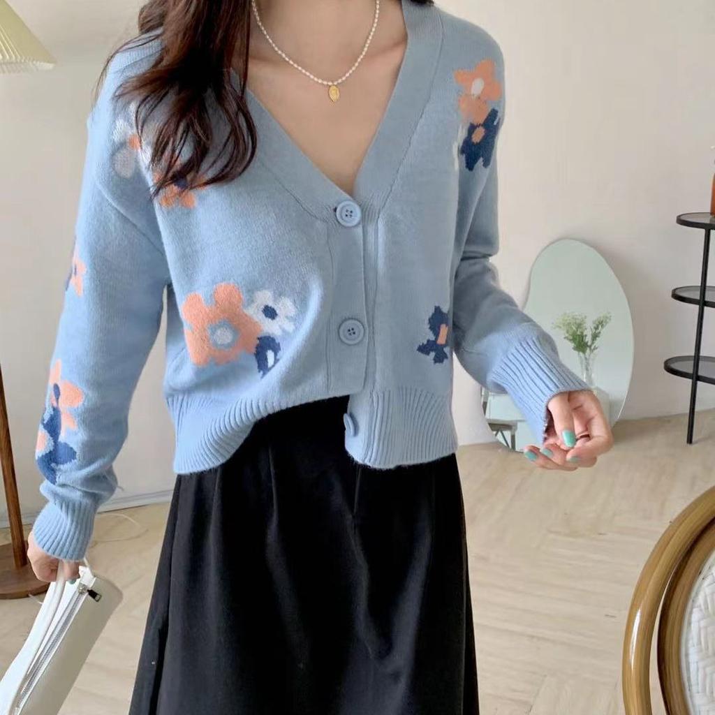 Blumen-Strickjacke für Damen, süß, niedlich, langärmelig, Strickpullover, Y2K-Streetwear, Herbst-Winter, lässige Tops