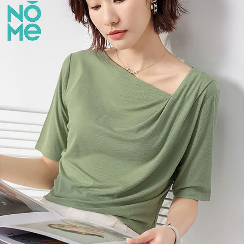 NOMe Women s Silk Blend Draped Neck Pleated Knit T-Shirt M зеленый лайм