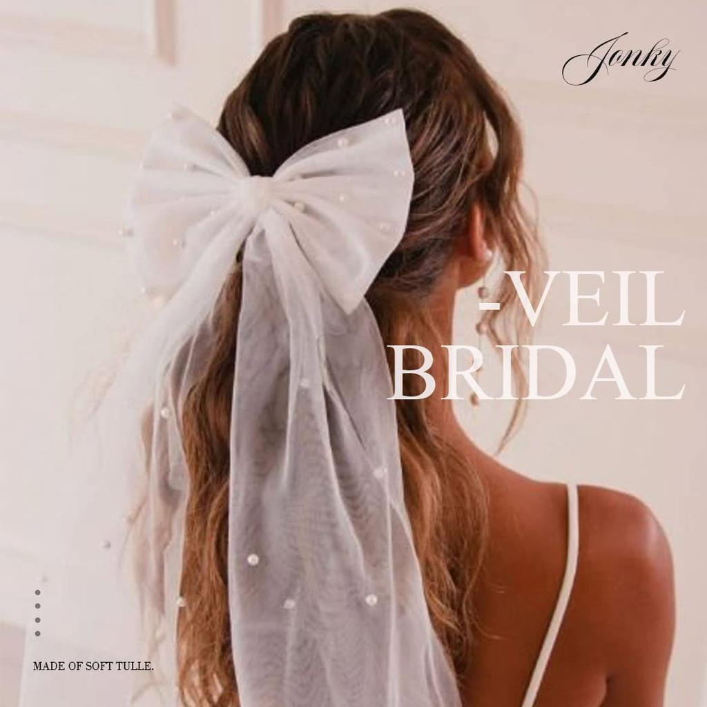 Pearl Bow Bridal Veil, White Tulle Clip On Elegant Wedding Hair Accessory