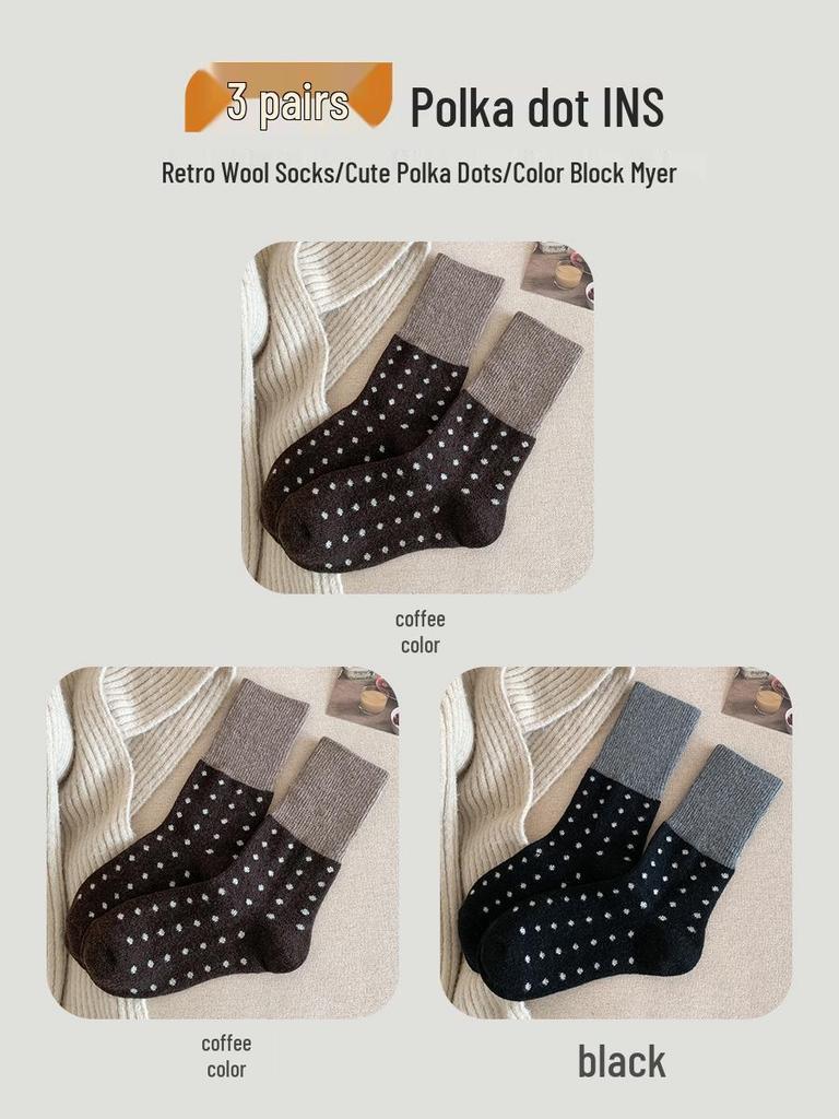 Women's Retro Polka Dot Mid-Calf Cashmere Socks - Warm & Thickened for Autumn/Winter