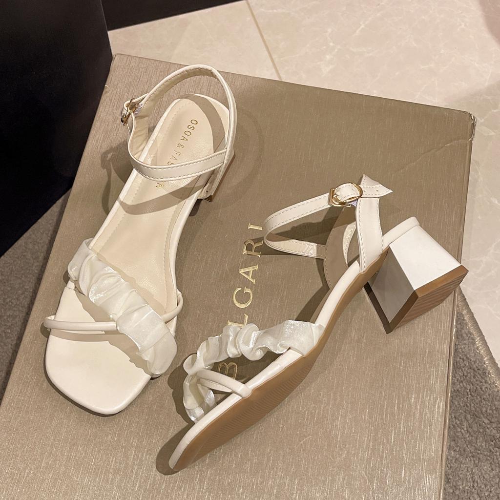 One-word Buckle with Square Heel Fashion Sandals 2025 Summer New Casual Simple Solid Color Square Head Open-toed High Heels Women