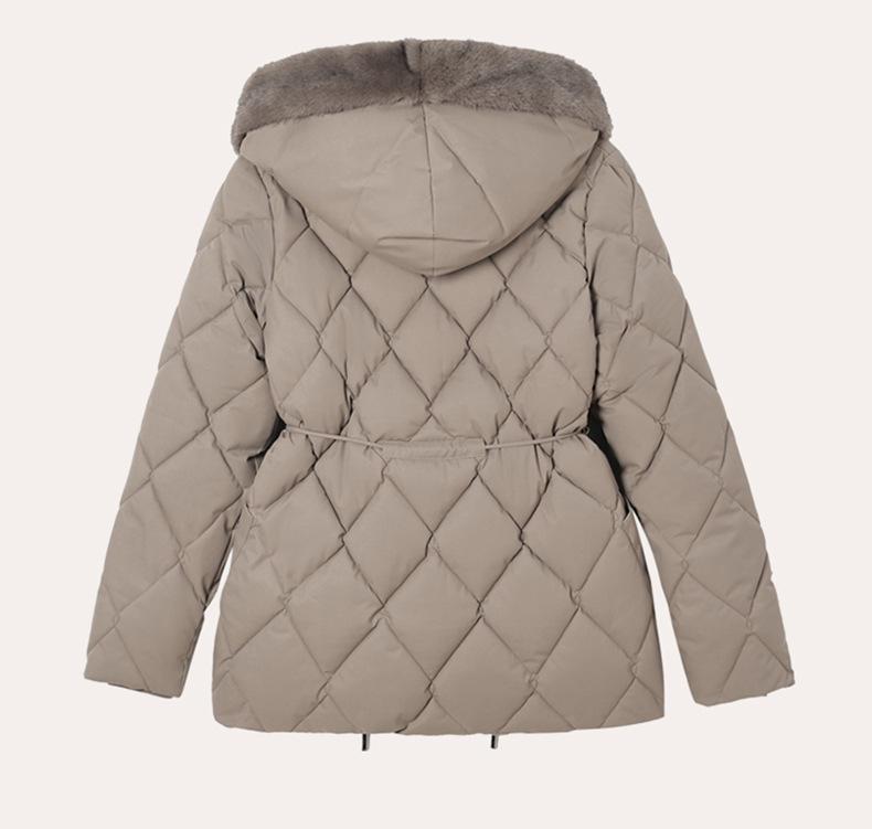 European Women's Mid-Length Hooded Cotton Jacket - 2026 Style, Loose Fit, Waist-Cinched, Fleece-Lined, Diamond Pattern, Thickened for Warmth