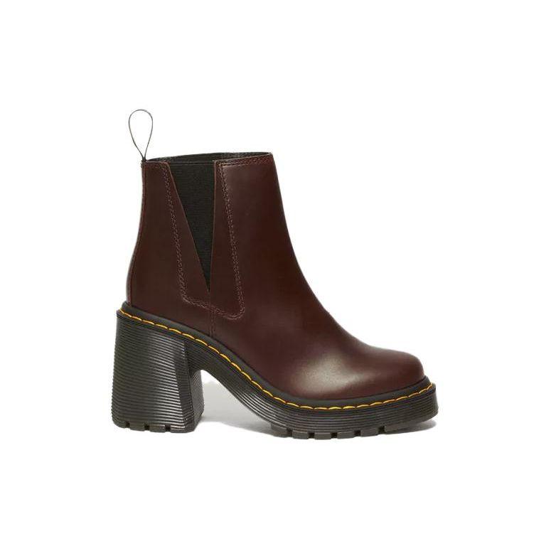 Dr. Martens Leather Round Toe Chunky Heel Short Chelsea Boots Women Boots Dark-Brown 31756201