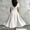 Womens V Neck Short Sleeve Elastic Waist Midi Dress with Pockets Solid A Line Casual Loose Fit Summer Dress for Daily Wear