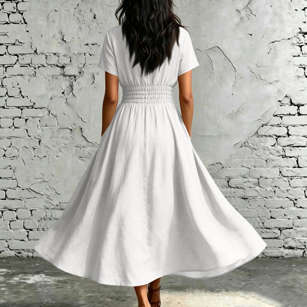 Womens V Neck Short Sleeve Elastic Waist Midi Dress with Pockets Solid A Line Casual Loose Fit Summer Dress for Daily Wear