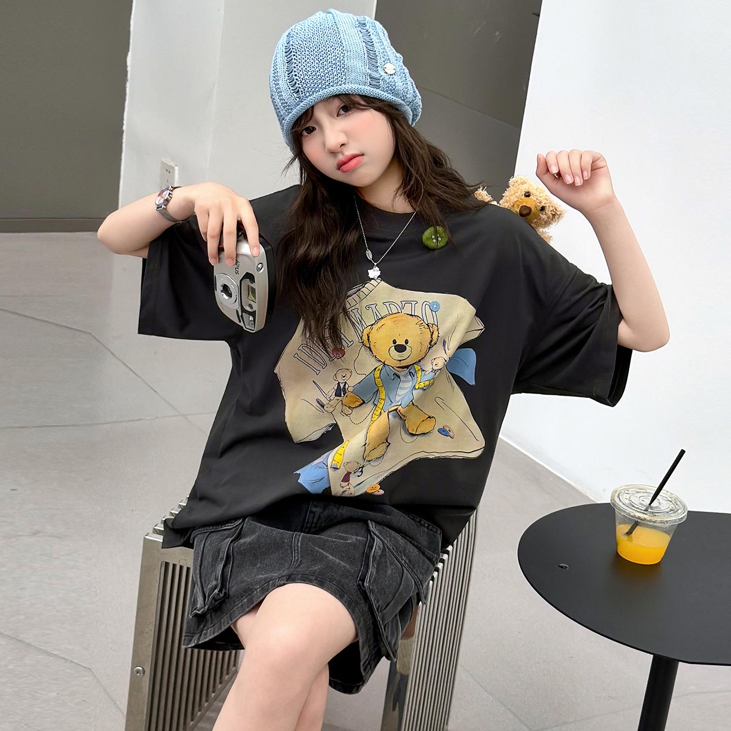 Girls  Cartoon T-Shirt & Denim Skirt Set, Korean Style Summer Outfit for Medium and Large Kids 130 cm