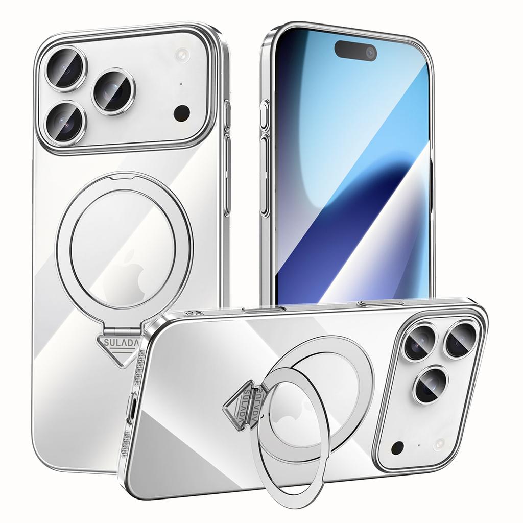 SULADA For iPhone 17 Pro Case Compatible with MagSafe Electroplated Foldable Kickstand Clear PC Phone Cover