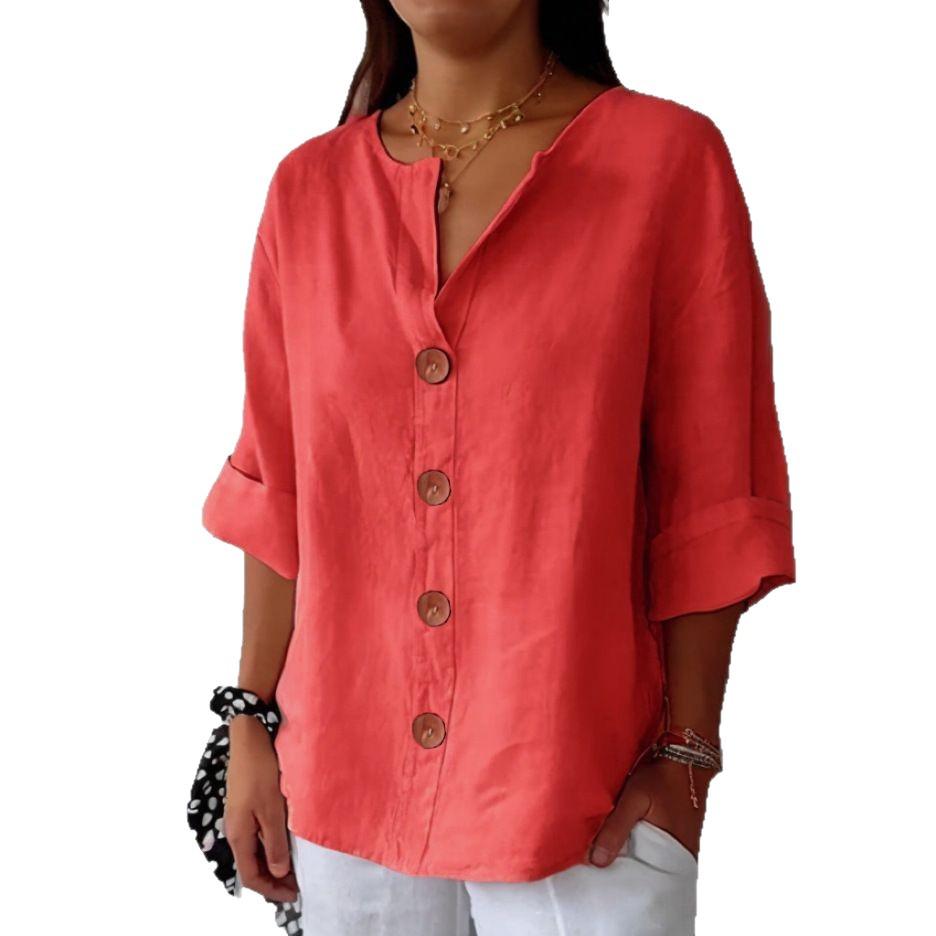 2026 Women's V-Neck Loose Cotton Linen Button Shirt