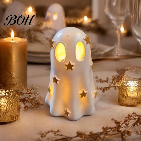 Niche Home Decor Halloween Ghost Decoration, Cute Light Up Figurine, Spooky Resin Room Accessories Statue with LED for Shelf Mantel Indoor Gift