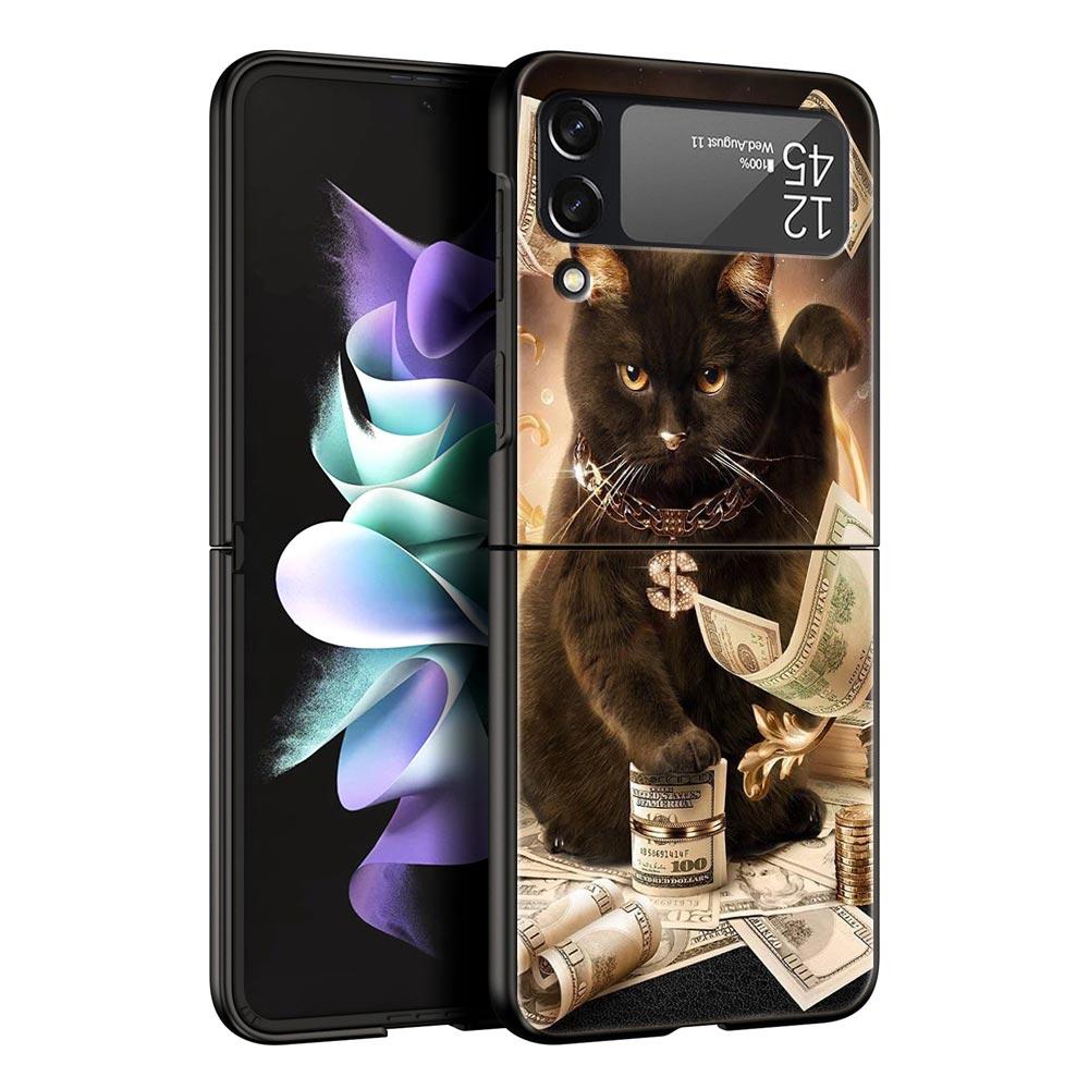 Hard PC Phone Case For Samsung Galaxy Z Flip 7 6 5 4 Black Cover For Galaxy Z Flip 3 Foldable Shockproof Money Cat Fundas Capas