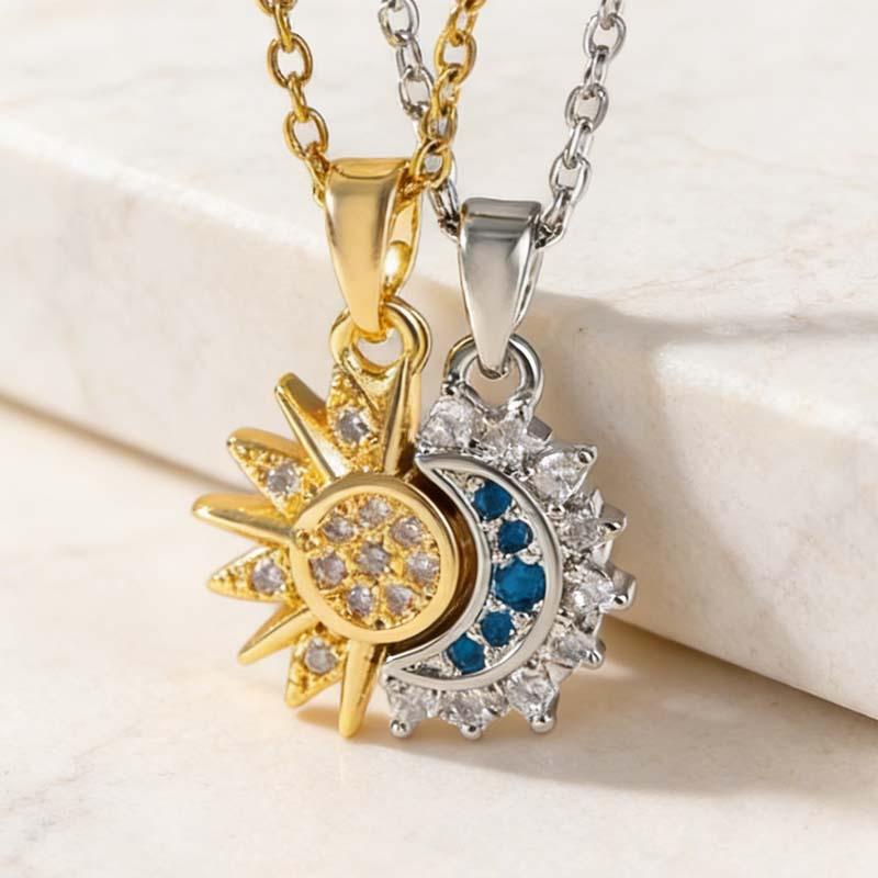 2er Set Niedliche Romantik Edelstahl Zirkon Stern Mond Umarmung Anhänger Halskette für Damen Herren Jubiläumsgeschenk Freund Schmuck