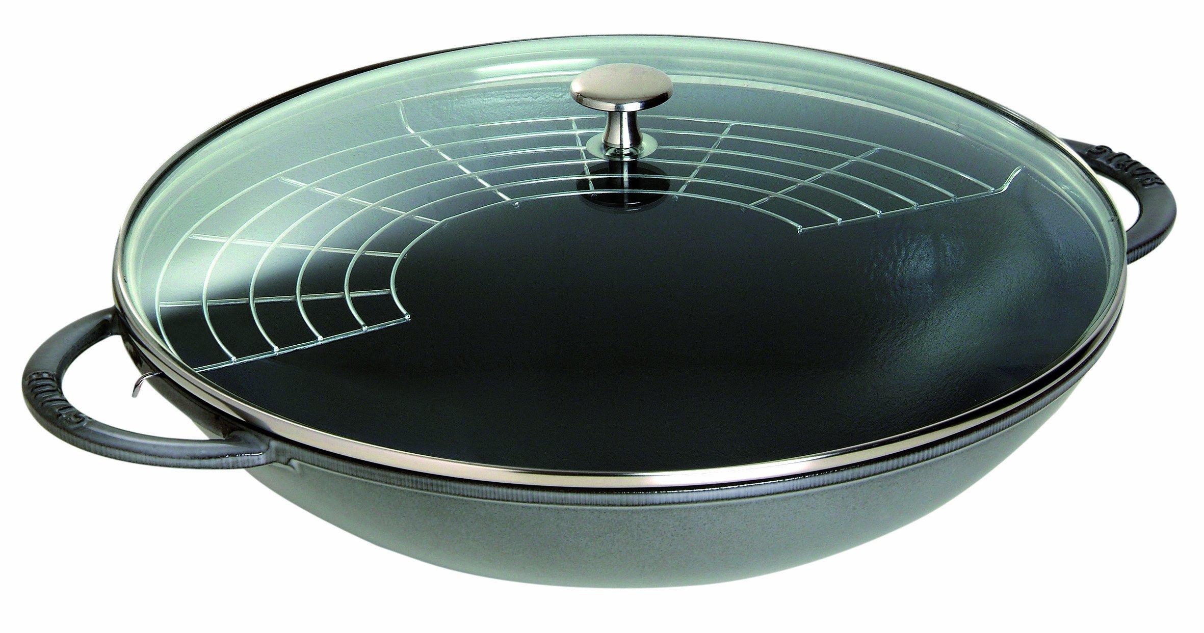 

staub 37cm Large Chinese Enamel Pot IH Compatible Japanese With glass lid and tempura grill Wok Gray Two-handed [Official Product] 40509-336 серый