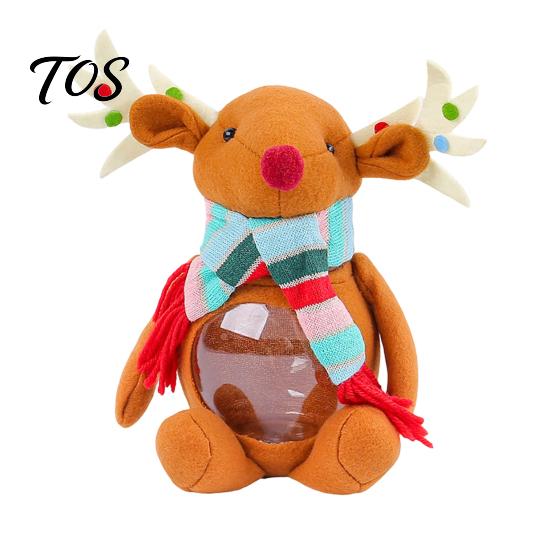 Decorative Treat Holder Christmas Candy Jar, 3D Plush Reindeer Bear Clear Container Seasonal Gift Packaging with Scarf, Holiday Snack Storage Box for