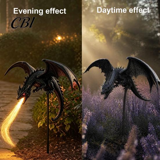 Outdoor Metal Dragon Ornaments Solar Garden Stake Light with Breathing Flame Fiber Optic Effects, Energy Efficient Stakes Waterproof Powered