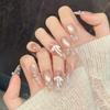 [5in1 Toolkit+HANDMADE]Handmade Press On Nail French Sparkling Nude Gentle Clear 3D Diamond Bow Long Oval Fake Nail Patch Artificial Nail Reusable