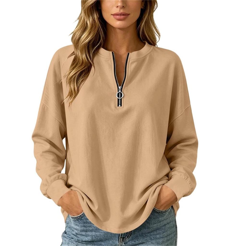 Damen Lockerer Pullover Sweatshirt Langarm Lässiges Oberteil mit halbem Reißverschluss Bequeme Alltagskleidung