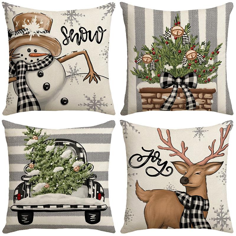New Cartoon Snowman Pillow Cover Christmas Series Reindeer Christmas Tree Sofa Living Room Pillow Cover