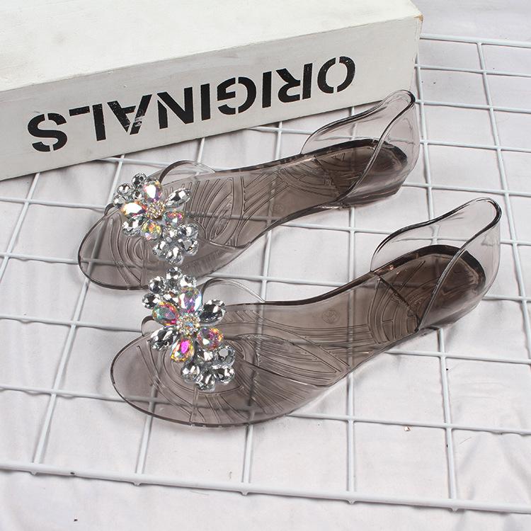 Yuzhihao Rhinestone Three-Flower Flat Sandals for Women - Transparent Summer Fashion, Indoor/Outdoor Wear Size 40