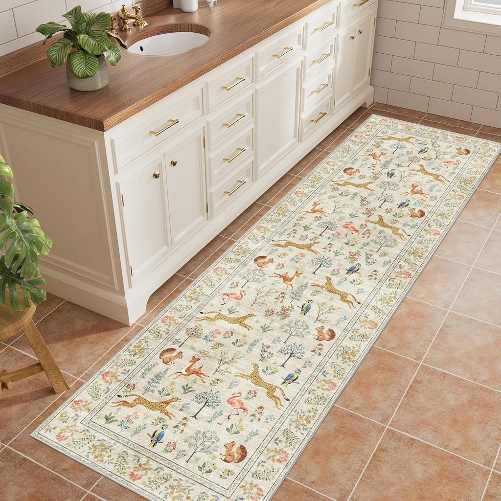 Boho Forest Animal Runner Rug Cheetah Deer Birds Floral Print Hallway Floormat Water-Absorbent Anti-slip Carpet for Living Room
