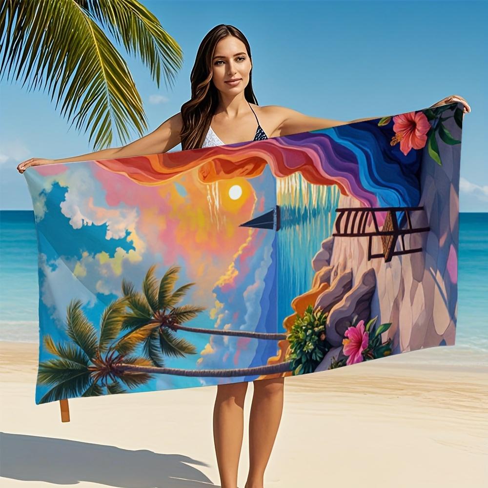 1Pc Tropical Sunset Beach Towel Palm Tree Ocean View Print Vacation Design Quick Dry Soft Microfiber Bath Towel For Women