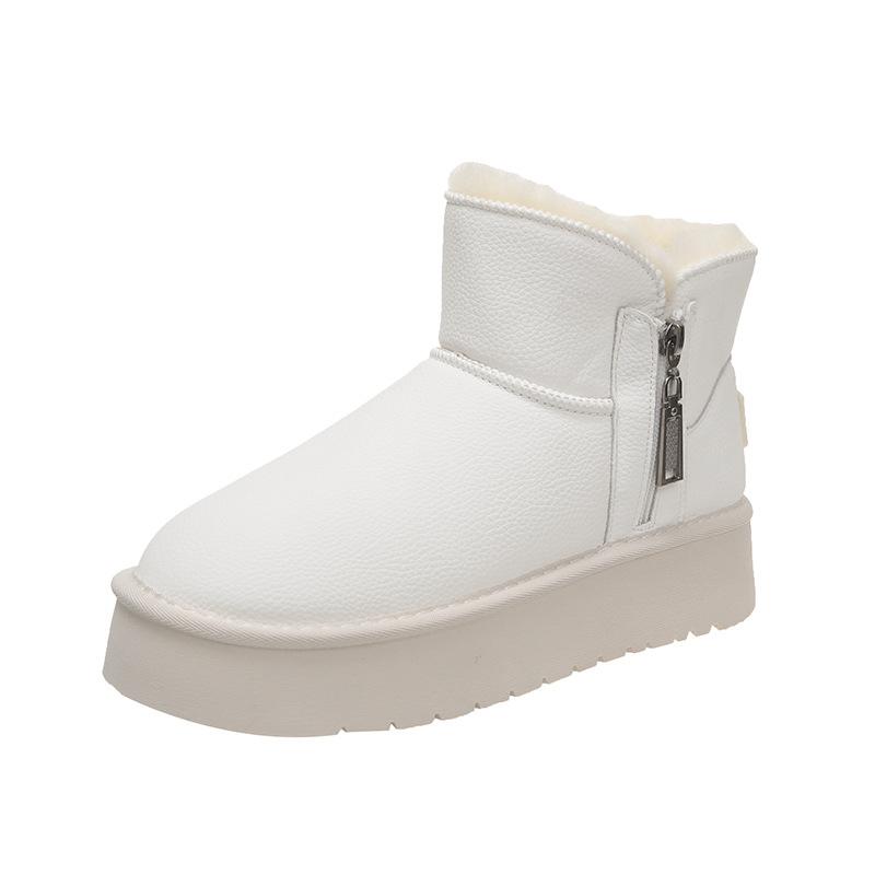 Modă 2024 Iarnă Stil Nou Piele și Catifea Talpă Groasă Cizme de Zăpadă Călduroase Fermoar Lateral Modă Cizme Scurte Femei Pantofi de Bumbac de Exterior