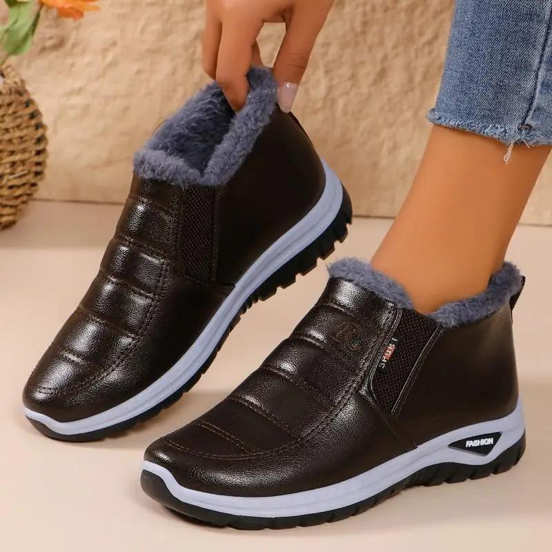 Fashion PU Leather Plush Women Warm Sneakers Casual Comfort Platform Women's Vulcanize Shoes Winter Slip on Thick Bottom Cotton Shoes