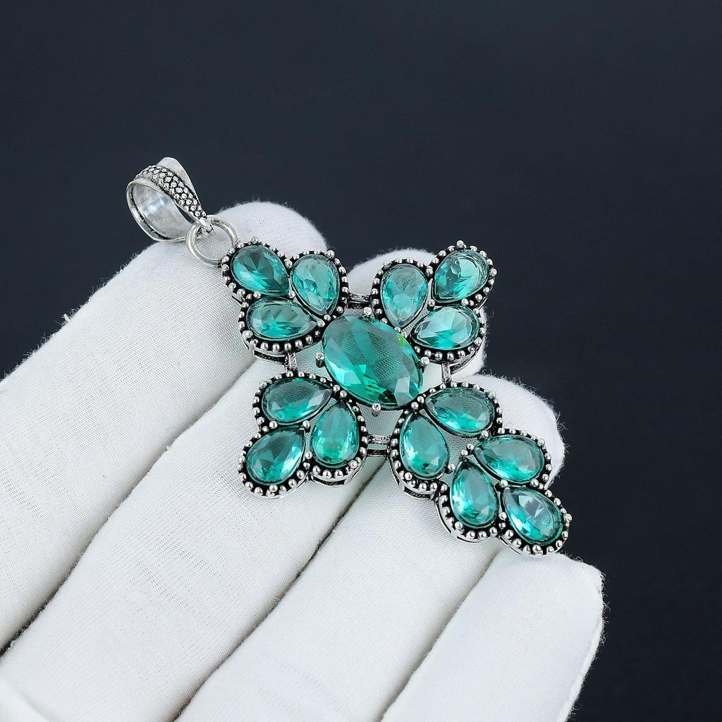 Dainty Aqua Appetite Gemstone Silver Cross Pendant in 925 Sterling Silver - Handmade Pear Design, Everyday Wear Jewelry Gift For Her