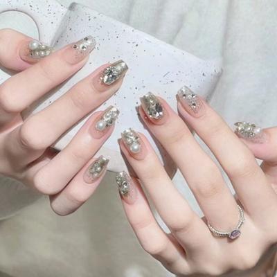 24 Stück kurze, quadratische, dicke Diamant-Perlen-Flash-Kunstnägel im europäischen und amerikanischen Ins-Stil zum Tragen von French Manicure-Nägeln