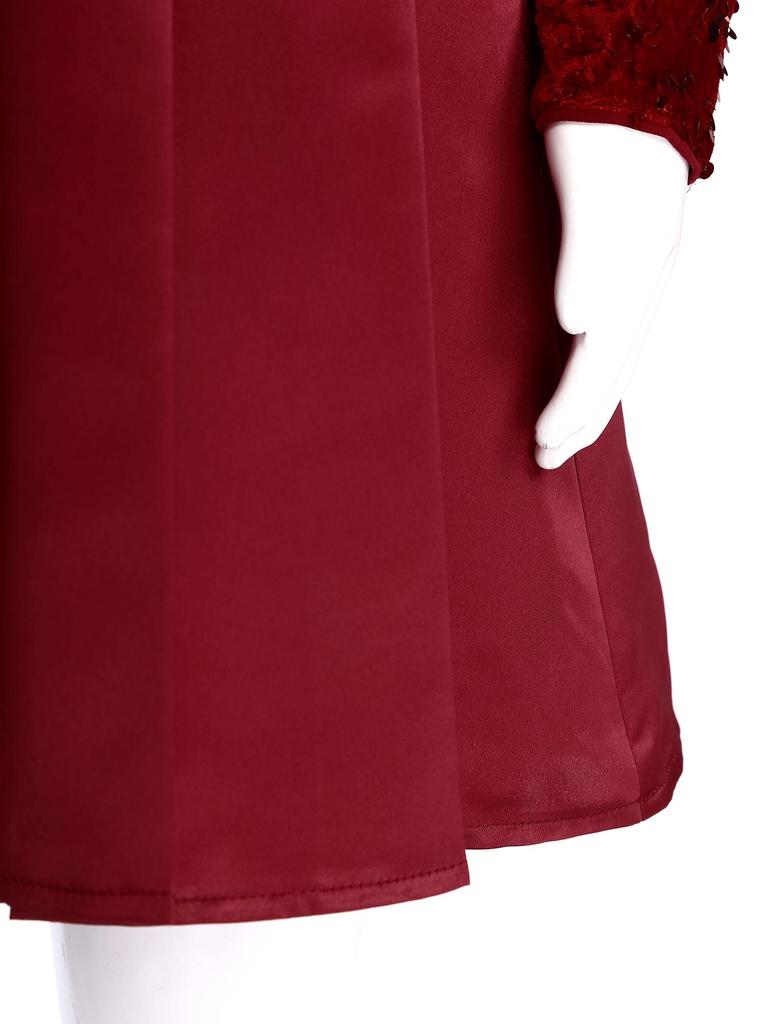 Dívčí vánoční třpytivé flitrové společenské šaty s kulatým výstřihem, dlouhým rukávem, vysokým pasem, délkou ke kolenům, páskem, plisované, formální šaty na událost