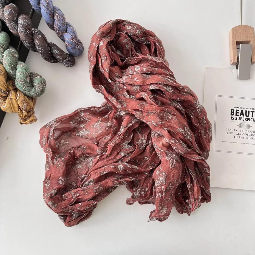 Retro Printed Scarf with Pleats Japanese Style Artistic Light and Thin Cotton and Linen Texture Long Casual Shawl Korean Version